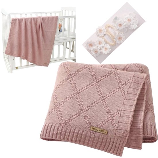 Twenty Two™ gebreid babydeken + 6stuks handgemaakte bloem haarspeldjes roze/oud roze |70x90cm |2-delig set |dekentje voor de ledikant, wiegje, box, kinderwagen |wiegendeken geschikt voor elk seizoen |newborn |kraamcadeau |babygeschenkset |voor meisje van Twenty Two™