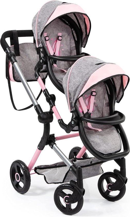 Twin Neo Tweeling poppenwagen verstelbare- zwenkbaar duwstang met tas roze grijs - Voor poppenmoeders Duo kinderwagen van T