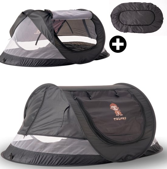 Twinky Campingbedje met Matras – Luxe Pop-Up Reisbedje & Baby Tentje XL voor Baby en Peuter – 110x65 CM – Zwart van Twinky