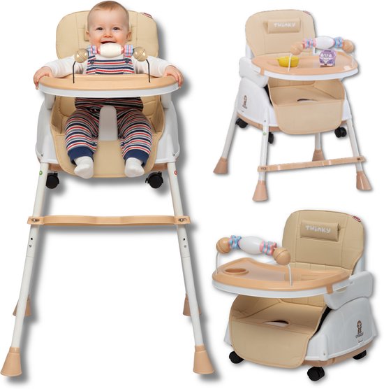 Twinky® Kinderstoel – 2-in-1 Kinderwagen Set – Bruin – Inklapbare Eetstoel & Baby Wagentje en Babystoel Voor Aan Tafel  –  Kinderzetel, Peuterstoeltje en Meegroeistoel  in 1 van Twinky