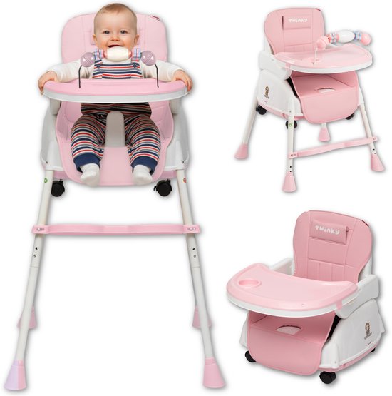 Twinky® Kinderstoel – 2-in-1 Kinderwagen Set – Roze – Inklapbare Eetstoel & Baby Wagentje en Babystoel Voor Aan Tafel  –  Kinderzetel, Peuterstoeltje en Meegroeistoel  in 1 van Merkloos