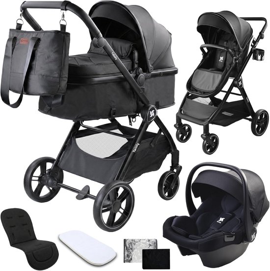 Twinly FABULY 3-in-1 Kinderwagen - Inclusief i-Size Autostoel - Omvormbare Reiswieg & Wandelwagen - Zwart