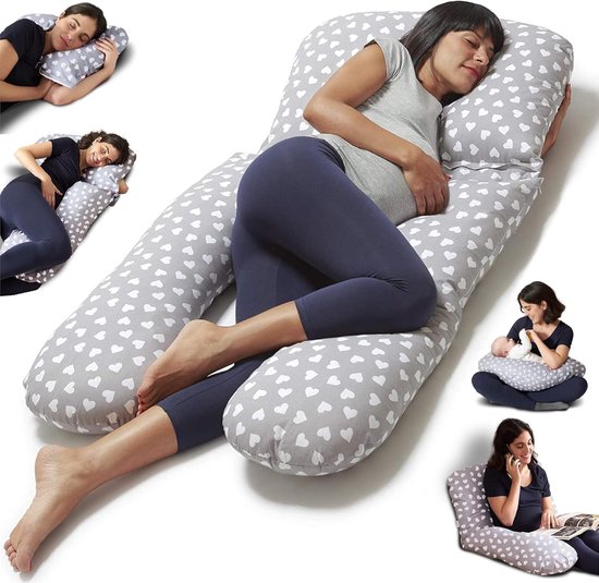 U-Vormig Zijslaapkussen Lichaamskussen Voedingskussen | Grijs met Witte Hartjes | 100% Katoen | Zwangerschapskussen & Borstvoedingskussen | Body Pillow | Ergonomisch Ondersteunend | Dormivo van Dormivo