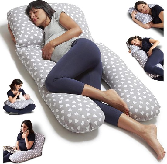 U-vormig zwangerschapskussen voor vrouwen - grijs-witte harten - slaapkussen en voedingskussen van $