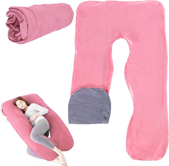 U-vormige zwangerschapskussenhoes van katoen - afneembare kussensloop voor lichaamskussen - vervangende hoes voor volwassenen - machinewasbaar - roze en grijs - 140 x 80 cm Lichaamskussen van Bamibi