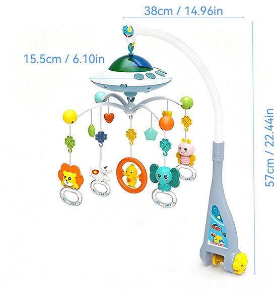 UFO-mobiel voor het kinderbedje - Draaiende muziekmobiel met hangende rammelaars - educatief en rustgevend speelgoed voor baby's van 0 tot 1 jaar - Starry Blue