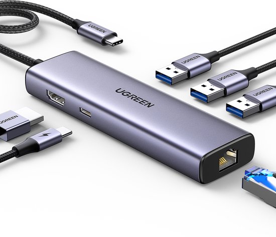Ugreen CM512 - USB-C HUB Adapter - 3x USB-A 3.0 - HDMI - RJ45 - USB-C PD - Grijs