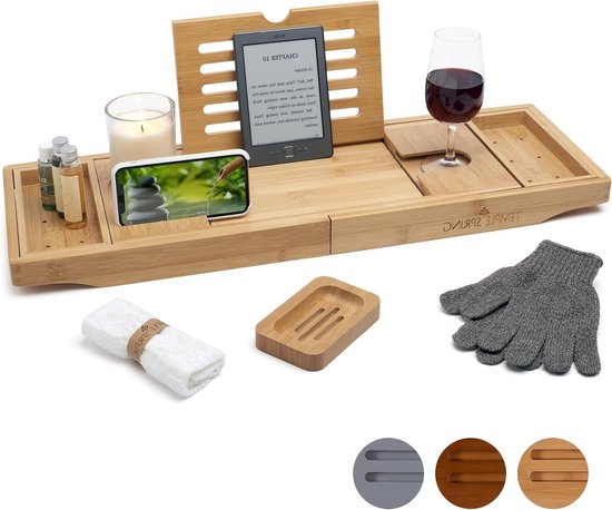 Uitschuifbare badlade met kaars wijnglas boek iPad en telefoonhouders - verstelbaar badtafelblad - natuurlijk hout van Bathtub Shelf