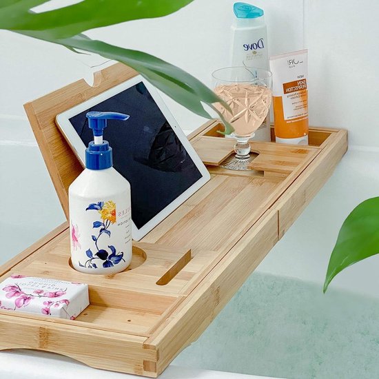 Uitschuifbare Bamboe Badplank - Bad Lade Caddy voor Boek iPad Telefoon Glas Kaars - Antislip Verstelbaar Rek - Luxe Badaccessoire van Luxetastic