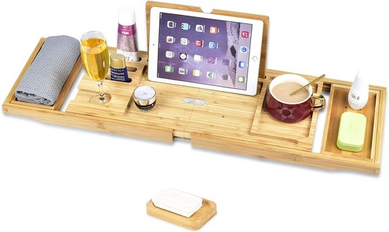 Uitschuifbare bamboe badplank met wijnglashouder, bamboe badplank met zeepbakje en iPad-standaard. van Relaxdays