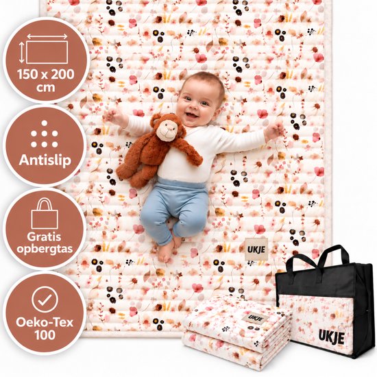 Ukje Speelmat Baby - Speelkleed Baby - Antislip - Met Gratis Tas - Speeltapijt - 150 bij 200 cm - Playmat - Babygym - Opvouwbaar - Oeko-Tex Gecertificeerd - Wilde Bloemen