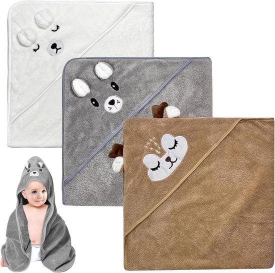Ultiluxe® Babyhanddoek - 3 Stuks - Badcape Baby - Handdoek Met Capuchon - 80 x 80 cm - Kapuzenhanddoek - Zacht - Sterk absorberend - Wit/Bruin/Grijs