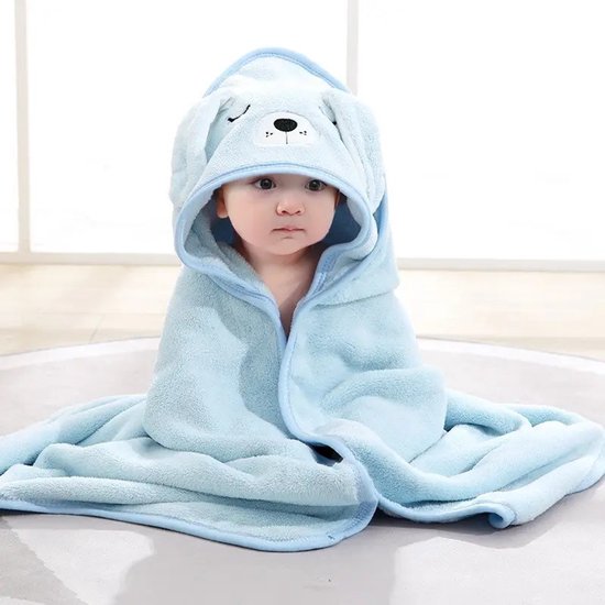 Ultra-zachte baby badcape met blauw hondensnoetje - Omslagdoek 80x80cm - Baby fleecedeken - Kraamcadeau van Merkloos