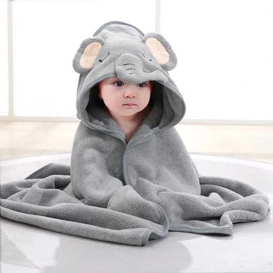 Ultra-zachte baby badcape met olifantenkap - Omslagdoek 80x80cm - Baby fleecedeken - Kraamcadeau van Merkloos