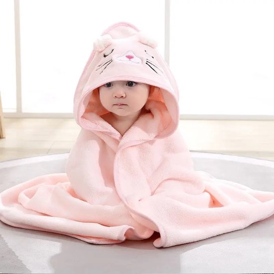 Ultra-zachte baby badcape met roze konijnensnuitje - Omslagdoek 80x80cm - Baby fleecedeken - Kraamcadeau van Merkloos