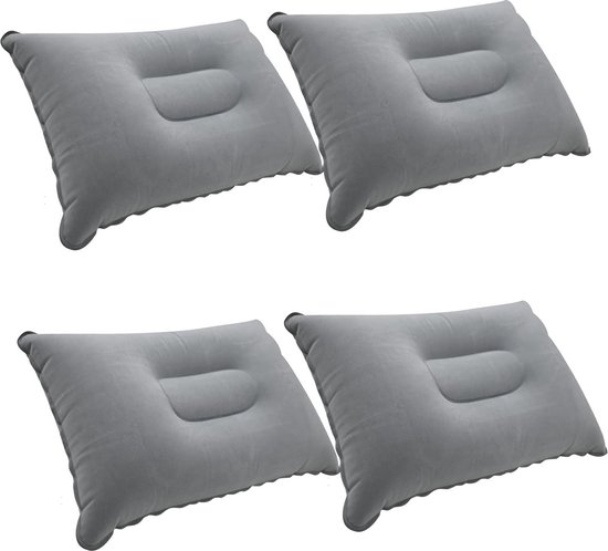 Ultralicht Opblaasbaar Kussen - Grijs - 4 Stuks - Kleine Kwadraat - Gevlokte Stof - Voor Wandelen Kamperen - Reizen Luieren - Bureaurust - Nek en Lumbale Ondersteuning van Backrack
