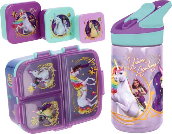 Unicorn Academy lunchset; drinkfles, lunchbox en snackbox