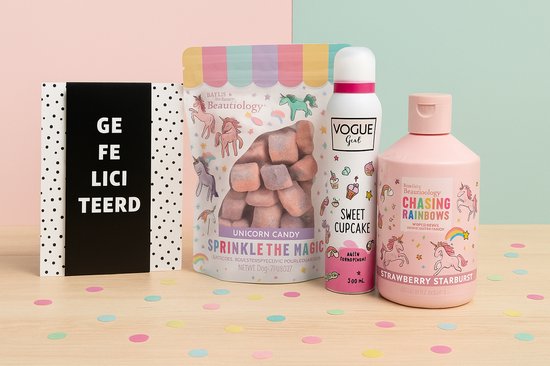 Unicorn Verjaardag Cadeauset met Douche & Bad - Deo en Chocoladewens Gefeliciteerd - Luxe Badset - Verwen Cadeauset - Wellness Geschenk voor Iedereen van Luminello