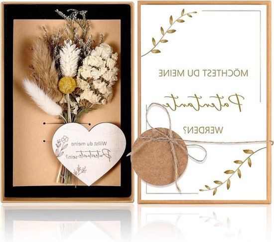 Unieke Geschenkset voor Peetouders met Gedroogde Bloemen, Wenskaart en Houten Hartje in Cadeaubox, Perfect voor Doop en Verjaardag
