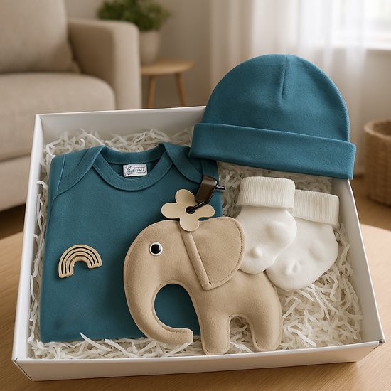 Unisex Kraamcadeau Baby – Luxe Baby Giftset in Brievenbusdoos – Rompertje, Babymutsje, Slofjes & Knuffel/Tutpop Olifant – Perfect Babyshower & Gender Reveal Cadeau van Merkloos