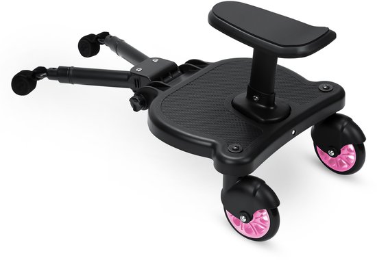 Universeel Meerijdplankje Tweewieler - Voor Kinderwagen/Buggy - Met Zitje - Onderweg - Verstelbaar – Dubbele stevige wielen - Extra stabiel - Roze
