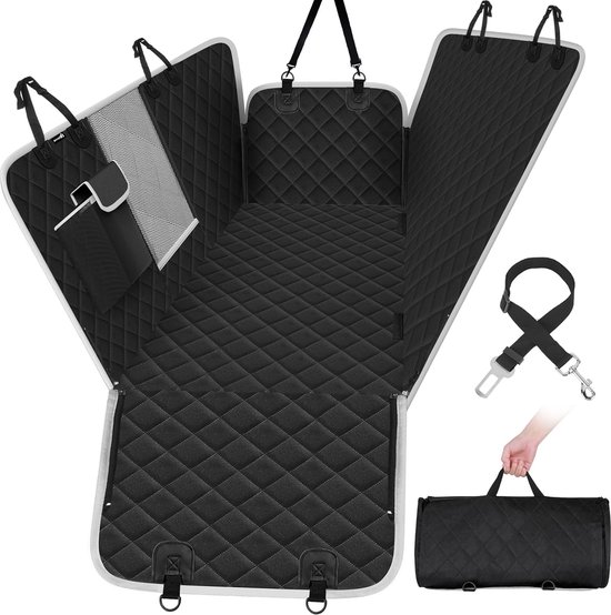 Universele Auto Achterbank Beschermdeken voor Honden met Mesh Venster en Veiligheidsgordel - 146x136cm - Zwart van Universele