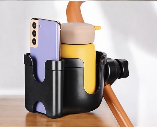 Universele Bekerhouder met Telefoonhouder, 360 Graden Rotatie 2-in-1 Ouderbekerhouder Waterfleshouder Telefoonhouder voor Kinderwagen Walker Fiets, Zwart en Zonder Gereedschap, Zwart van GODTLIEB