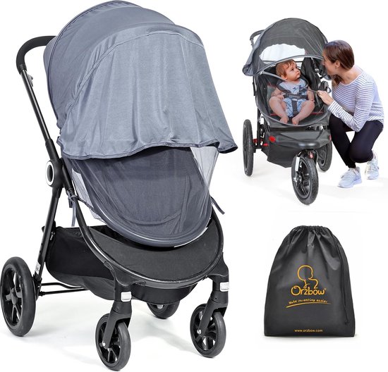 Universele insectenbescherming met zonnezeil, 2-in-1 voor kinderwagen en buggy, scheurvast, vliegennet en zonwering met uv-bescherming 50+, fijnmazig muggennet voor reisbed en babyzitje met tas (grijs) van Universele