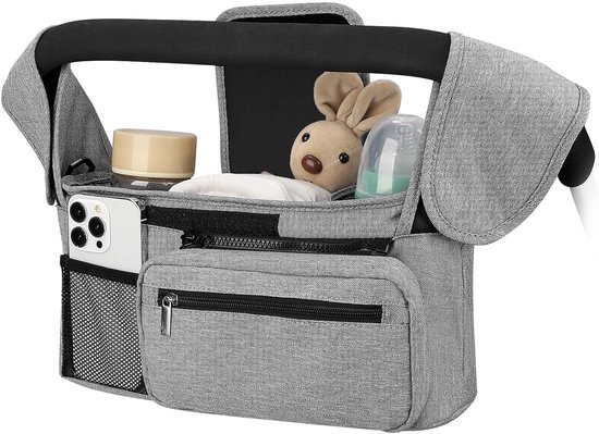 Universele kinderwagen organizer - kinderwagen ophangtas - kinderwagen tas organizer accessoire - kinderwagen accessoire - met geïsoleerde bekerhouder - verwijderbare telefoonzak en schouderband - grijs van Merkloos