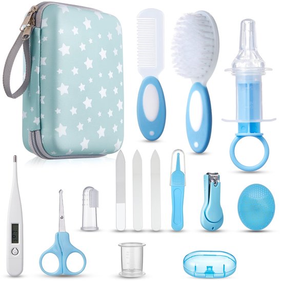 Unyqoos® Complete 15-delige verzorgingsset voor pasgeborenen met opbergtas en thermometer van Unyqoos