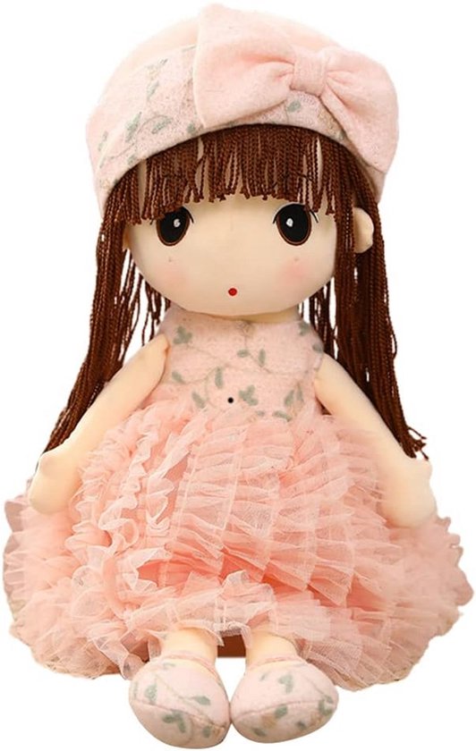 Uposao Knuffelpop pluche knuffeldier, 50 cm zachte stoffen pop met kleding en haren voor kinderen van 0-5 jaar gevulde poppen sprookjes prinses pop pluche dier kerstcadeau roze