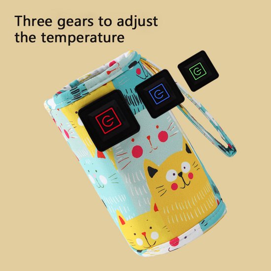 USB babyfles verwarmhoes met kattenprint meerkleurig, drie warmtestanden inclusief 100 cm Type-C kabel, draagbare constante temperatuur fleswarmer voor auto, kinderwagen en reis