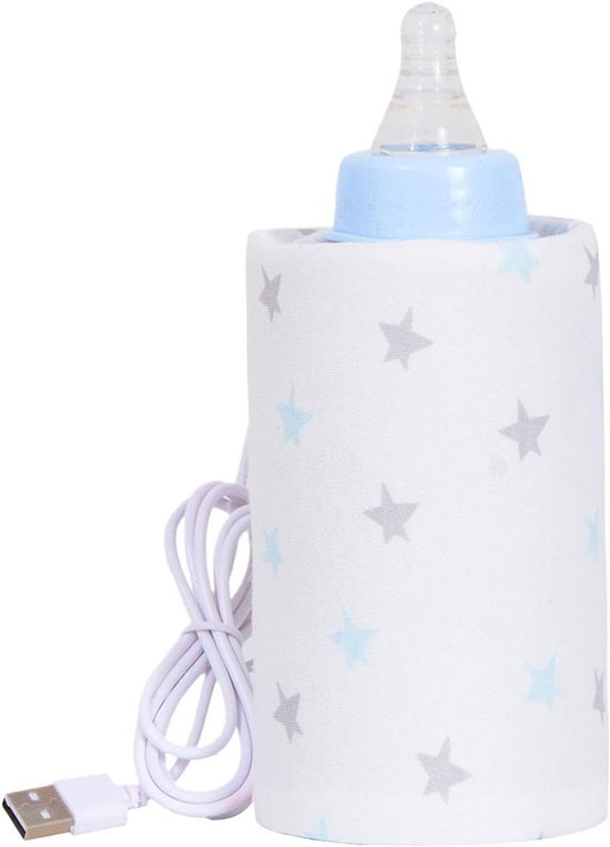 USB babyfles verwarmhoes sterrenpatroon wit met grijze sterren, draagbare universele fleswarmer voor auto en reis, zachte stof verwarmzak voor baby zuigflessen