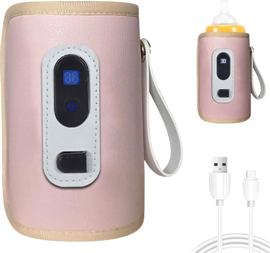 USB-babyflesverwarmer, draagbaar, 5 temperatuurinstellingen, LCD-display, beschermkap, ideaal voor op reis en in de auto.