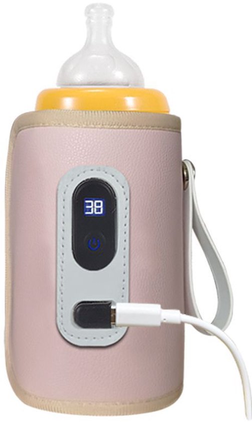 USB-babyflesverwarmer met nauwkeurige temperatuurregeling via LCD-scherm, geschikt voor thuis, buitenshuis en in de auto (roze).