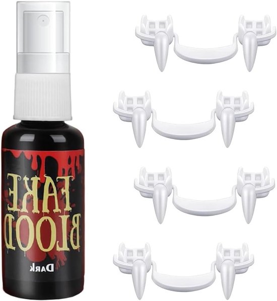Vampier Tanden Set met 60ml Nep Bloed Spray, Zombie Tanden en Lijm voor Volwassenen en Kinderen, Perfect voor Halloween Feestjes en Kostuums