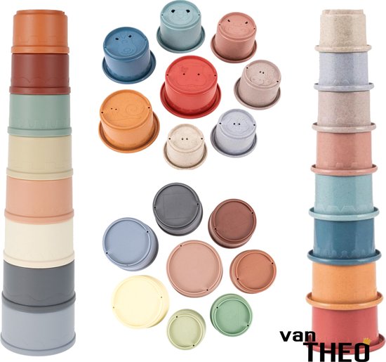 van Theo® Stapeltoren Duo Set - Stapelbekers - Baby Speelgoed vanaf 0 jaar - Zand Strand Bad Box - Stacking Cups - 16 Bekers met Kleuren, Vormen en Dieren - Pastel van van Theo®