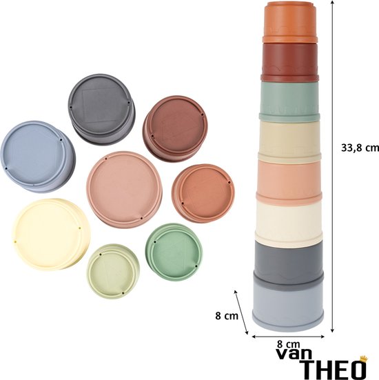 van Theo® Stapeltoren - Stapelbekers - Baby Speelgoed vanaf 0 jaar - Zand Strand Bad Box - Stacking Cups - 8 Kleuren en Vormen - Pastel van van Theo®