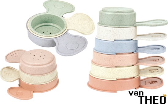 van Theo® Stapeltoren - Stapelbekers - Schepjes - Baby Speelgoed vanaf 0 jaar - Zand Strand Bad Box - Stacking Cups - 6 Kleuren, Vormen  en Cijfers - Pastel van van Theo®