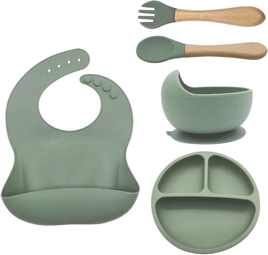 Vardaan Kinderservies - Kinderbord en kom met zuignap - 5 Delig Babyslabbetje met Opvangschaal Babybord en Kommen Set Peuterbordjes Vork Lepel BPA-vrij - olijf groen van Vardaan