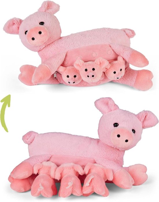 Varkensknuffel met baby's - Pluche dieren set - Kinderen spelenderwijs leren - Baby's in buik met rits