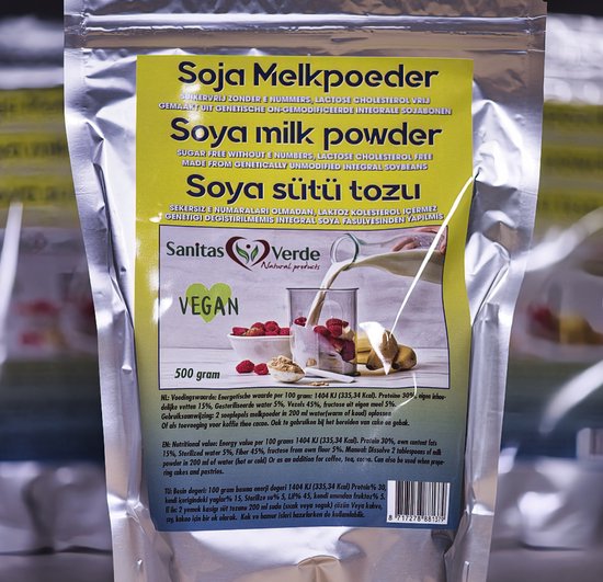 Vegan Soja Melkpoeder 500g lactose vrij is gemaakt van niet genetisch gemodificeerde hele sojabonen. Het bevat GEEN suiker en conserveringsmiddelen (E's)!. van Merkloos