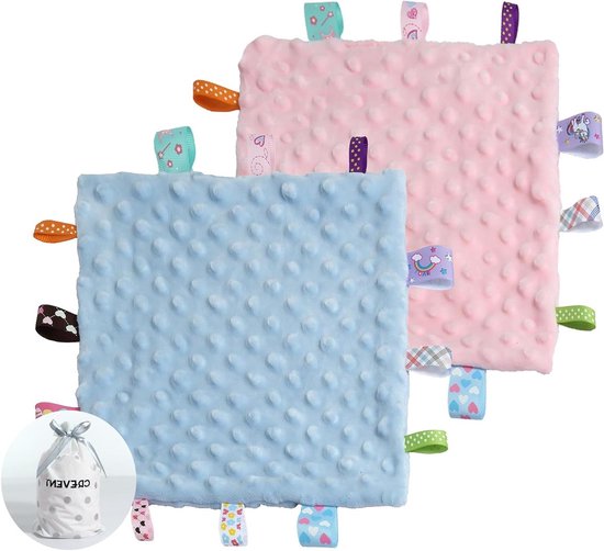 Veiligheidsdekens Baby - Kleine Knuffels - Geruststellen Baby - Sensorische Labels - 24 x 24 cm - Blauw Roze