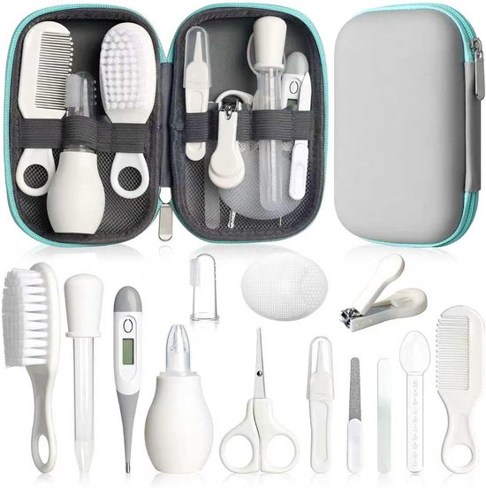Veiligheidsverzorgingsset voor baby's, met haarborstel, kam, nagelknipper voor babybenodigdheden, set voor pasgeboren meisjes, jongens (grijs wit)