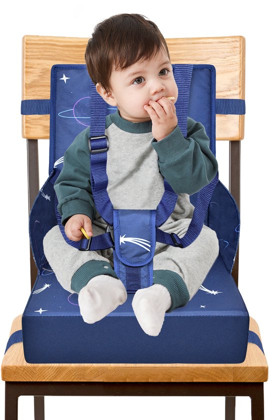 Verhogingsstoel, draagbare kinderstoel met 5-punts veiligheidsgordel, 8 cm zitkussen en rugleuning, opvouwbare reisstoel, babyzitje voor thuis en onderweg (blauw) NAIZY van Merkloos