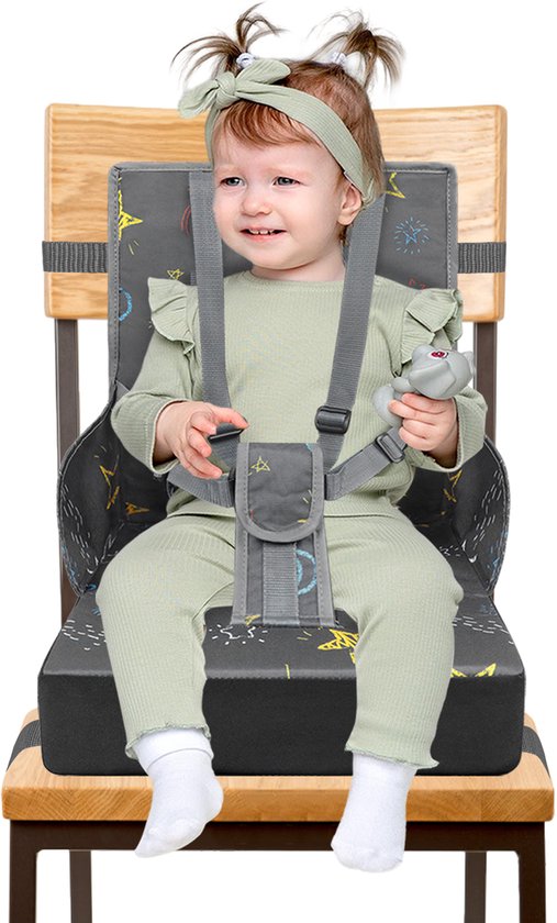 Verhogingsstoel, draagbare kinderstoel met 5-punts veiligheidsgordel, 8 cm zitkussen en rugleuning, opvouwbare reisstoel, babyzitje voor thuis en onderweg (grijs) NAIZY van Merkloos