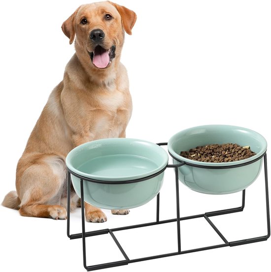 Verhoogde keramische dubbele hondenvoer- en waterbak met antislip houder voor middelgrote en grote honden, 2 x 1600 ml, ideaal voor comfortabel eten en drinken