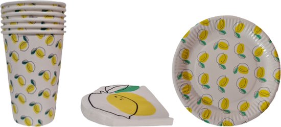 Verjaardag set van 6 x feest bekers + 6 x feest borden - 6 x bekers en 1 pak servetten met Citroen afbeelding - Geel / Wit - Karton - Borden / Bekers - Verjaardag - Party - Feestservies van VER