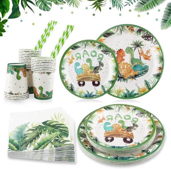 Verjaardagsdecoratieset Dino thema - feest benodigdheden voor kinderverjaardag, babyshower, Kerstmis - jongens en meisjes - papieren borden, bekers, vork, servetten en rietjes - 24 gasten van VER