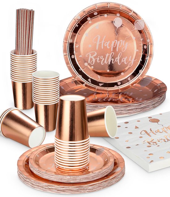 Verjaardagsservies 125 Delen - Roze Gouden Disposable - Borden & Bekers Happy Birthday